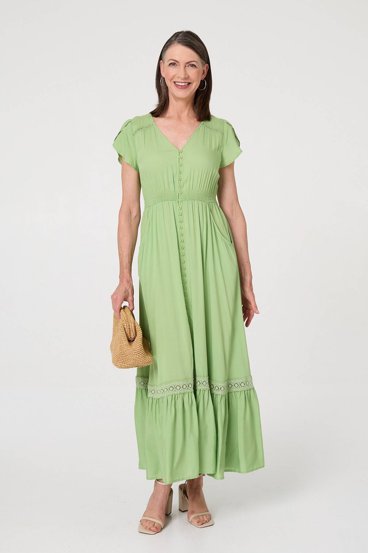 Button Front Maxi Dress Pockets