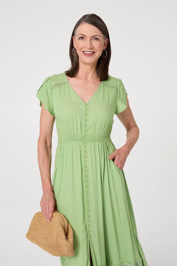 Khaki | Button Front Maxi Dress with Pockets