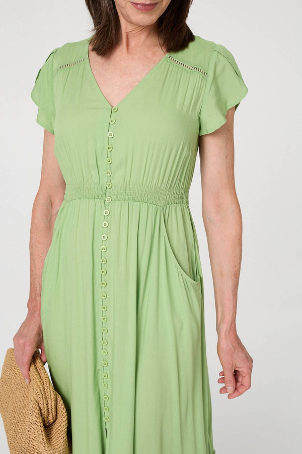 Khaki | Button Front Maxi Dress with Pockets