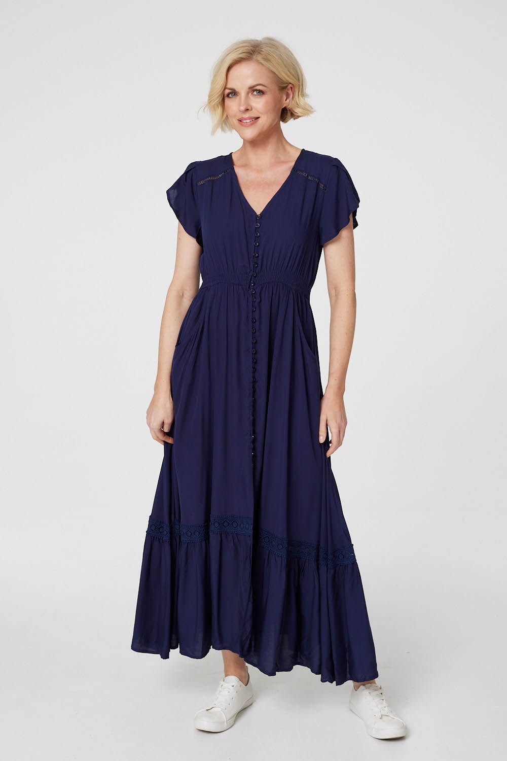Navy | Button Front Maxi Dress with Pockets