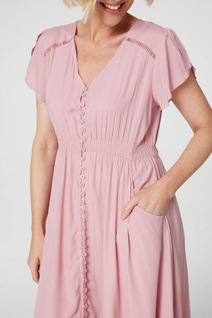 Pink | Button Front Maxi Dress with Pockets