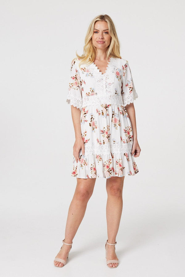 White | Floral Lace Detail Skater Dress