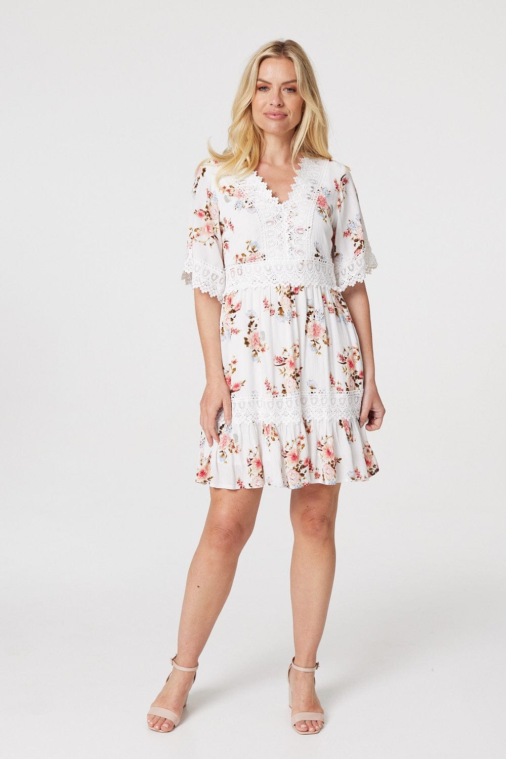 White | Floral Lace Detail Skater Dress