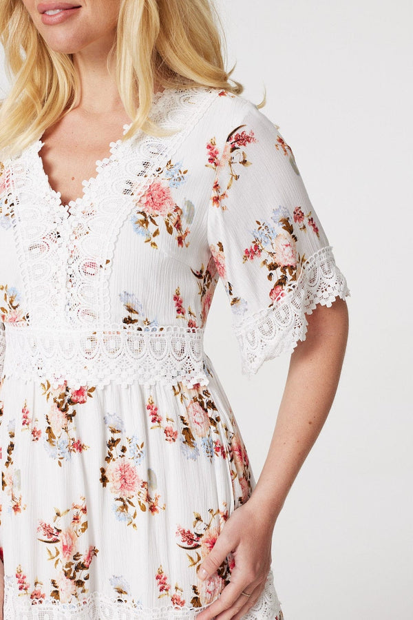 White | Floral Lace Detail Skater Dress
