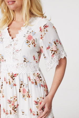 White | Floral Lace Detail Skater Dress