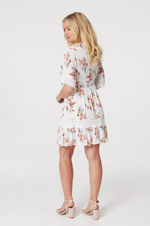 White | Floral Lace Detail Skater Dress