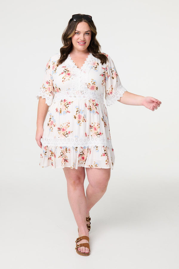 White | Floral Lace Detail Skater Dress