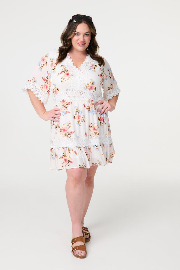 White | Floral Lace Detail Skater Dress