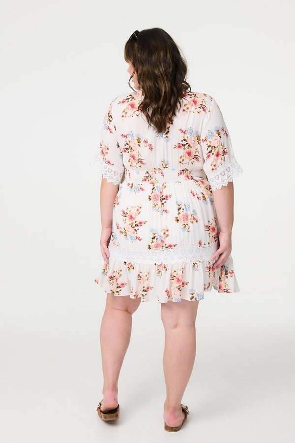 White | Floral Lace Detail Skater Dress