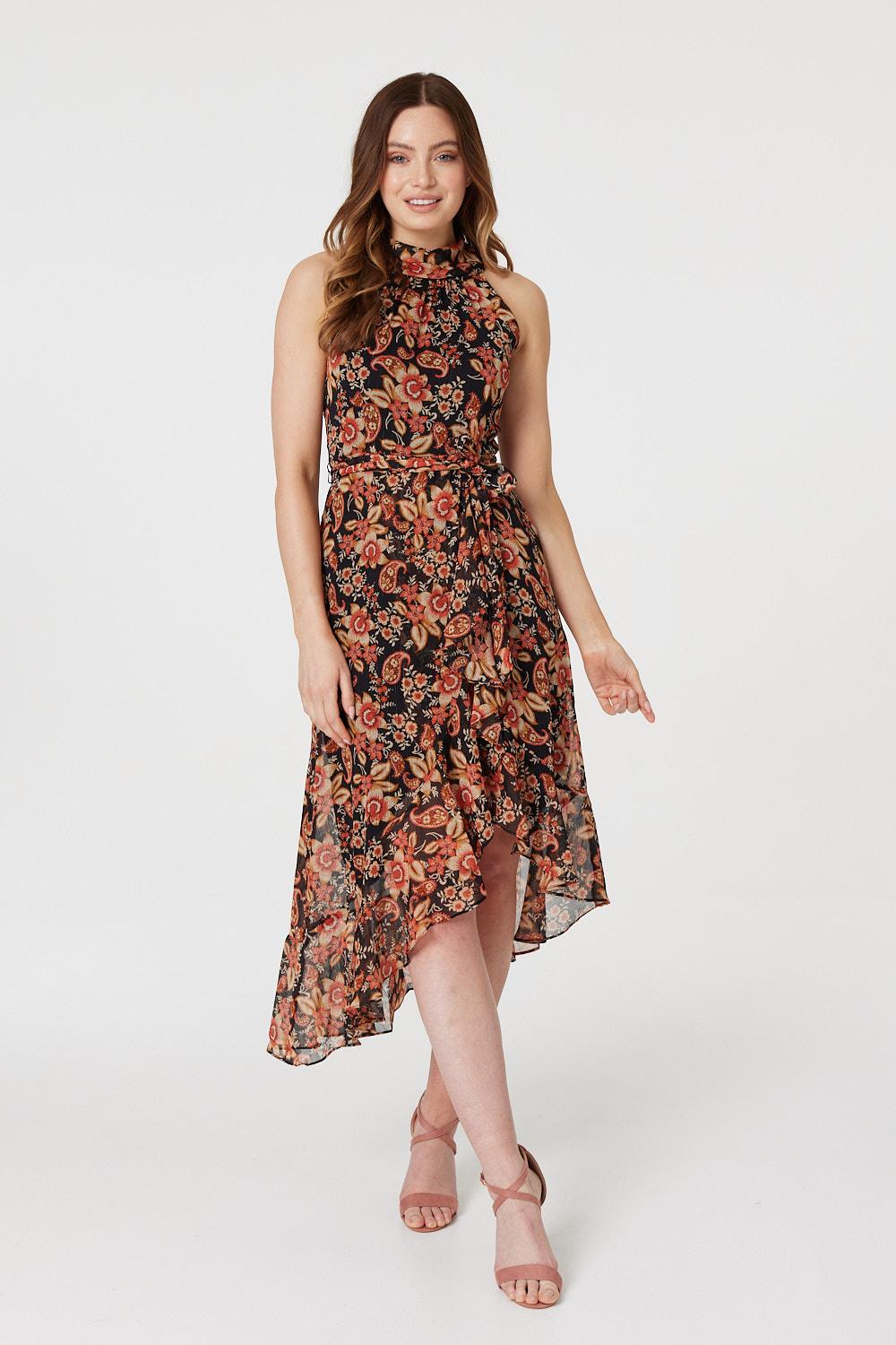 Black | Floral Asymmetric Hem Midi Dress