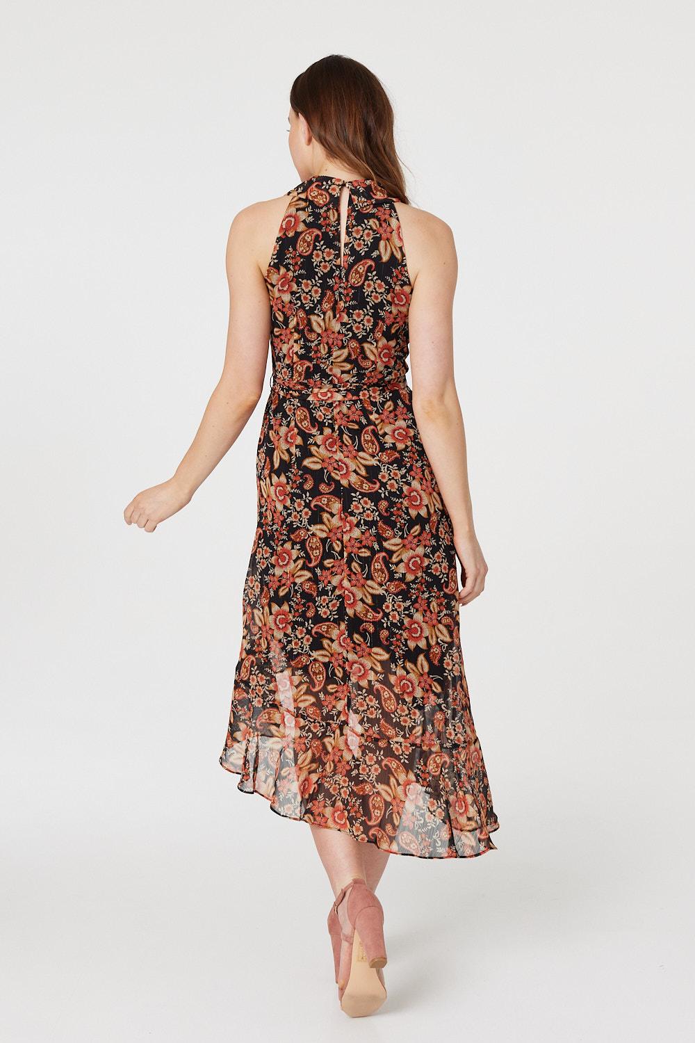Black | Floral Asymmetric Hem Midi Dress