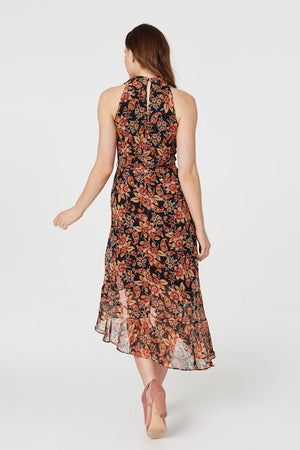 Black | Floral Asymmetric Hem Midi Dress
