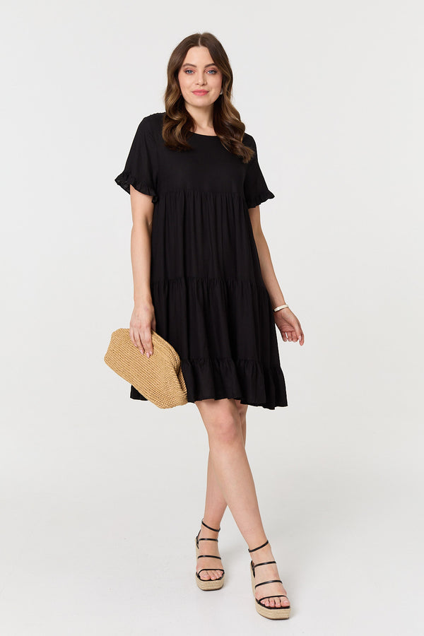 Black | Short Sleeve Frilled Short Smock Dress
