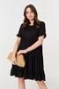 Black | Short Sleeve Frilled Short Smock Dress : Model is 5'9