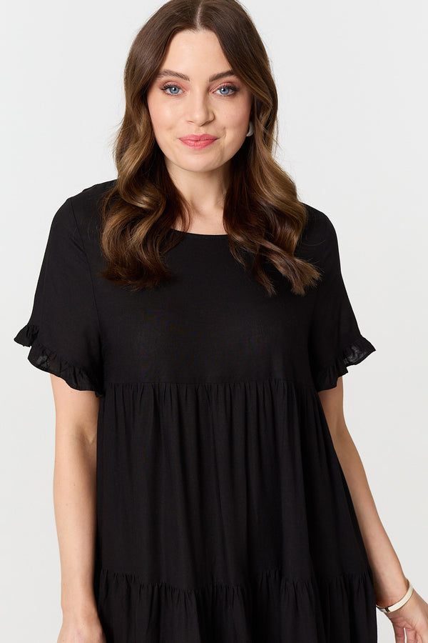 Black | Short Sleeve Frilled Short Smock Dress
