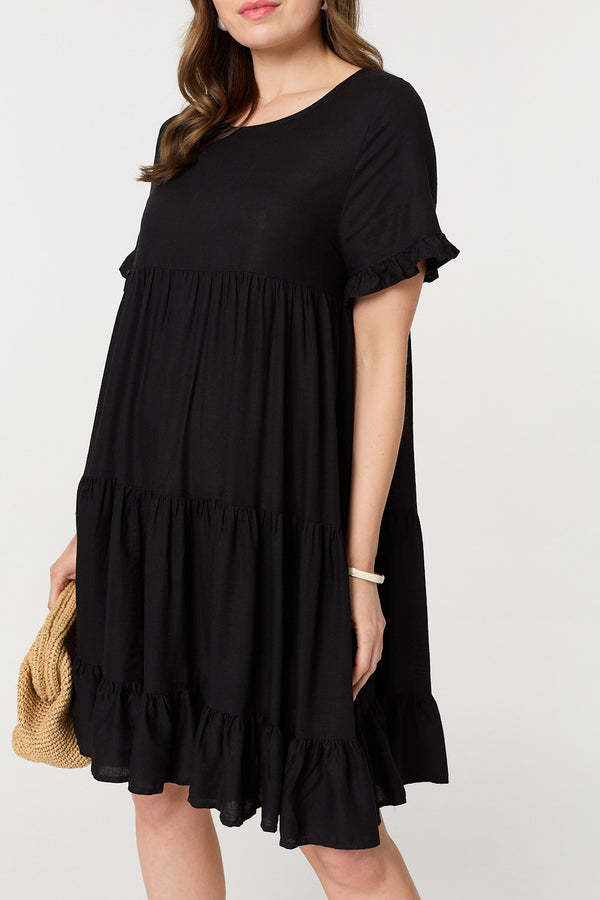 Black | Short Sleeve Frilled Short Smock Dress
