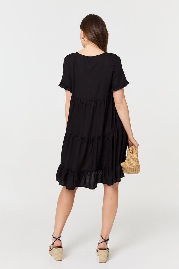 Black | Short Sleeve Frilled Short Smock Dress
