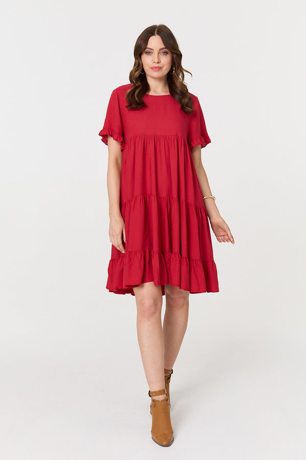 Red | Short Sleeve Frilled Short Smock Dress

