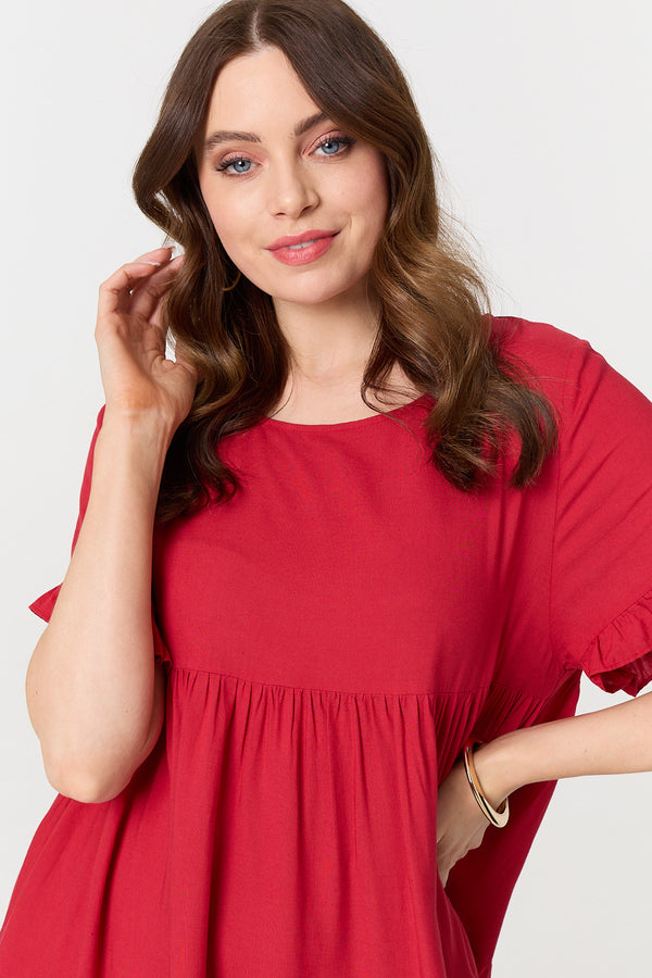 Red | Short Sleeve Frilled Short Smock Dress

