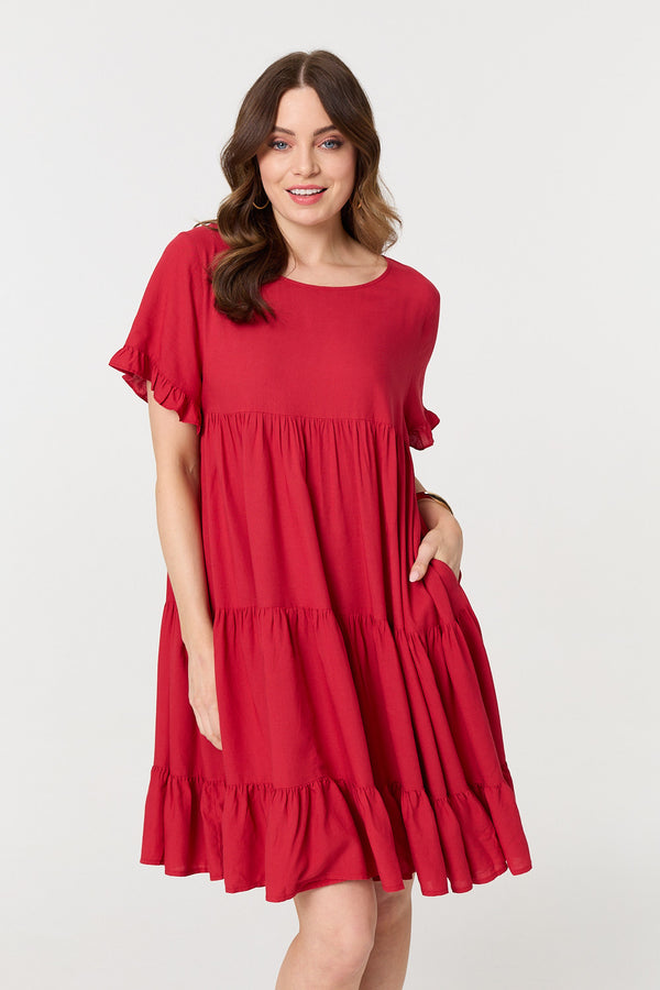 Red | Short Sleeve Frilled Short Smock Dress : Model is 5'9"/175 cm and wears UK8/EU36/US4/AUS8
