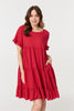 Red | Short Sleeve Frilled Short Smock Dress : Model is 5'9