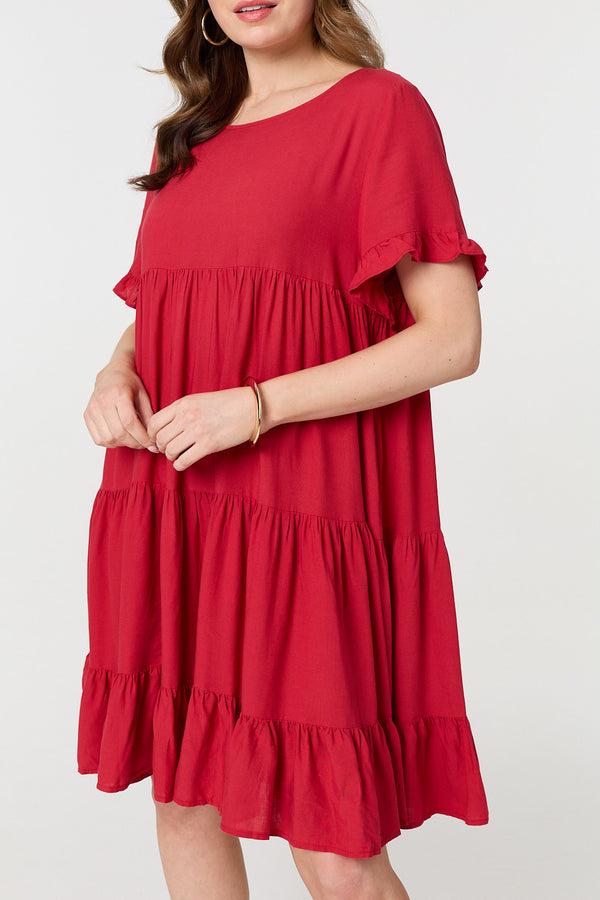 Red | Short Sleeve Frilled Short Smock Dress
