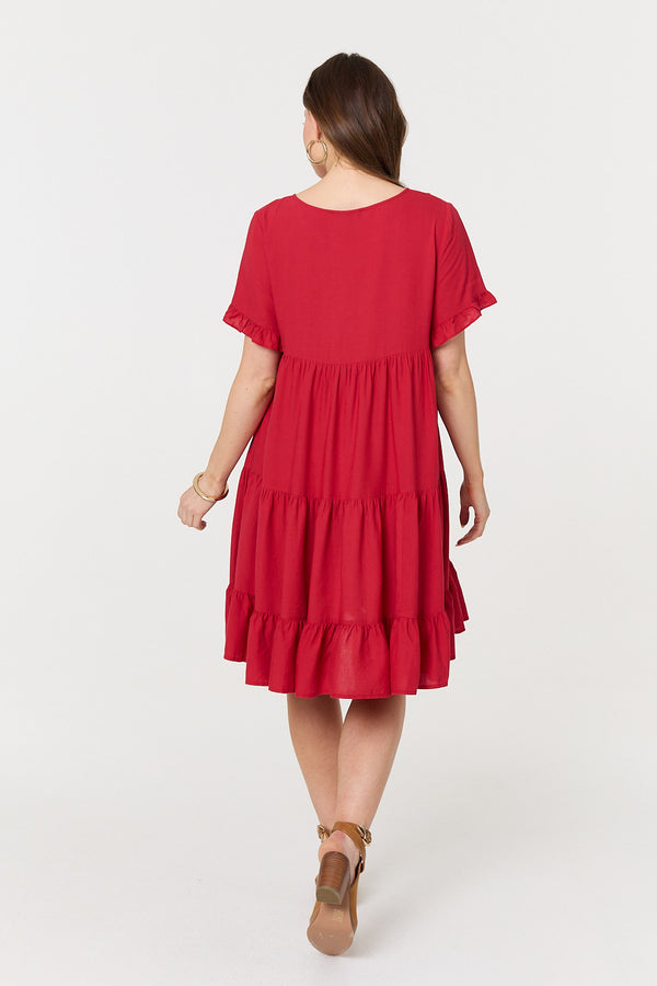 Red | Short Sleeve Frilled Short Smock Dress
