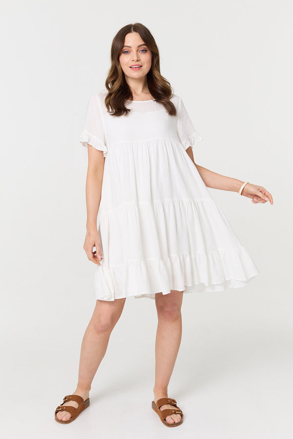 White | Short Sleeve Frilled Short Smock Dress
