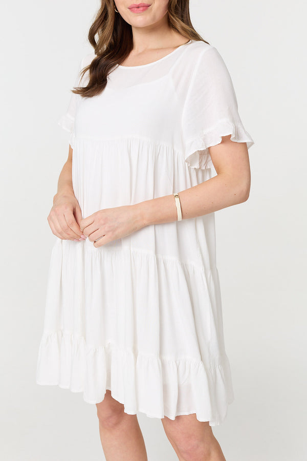 White | Short Sleeve Frilled Short Smock Dress
