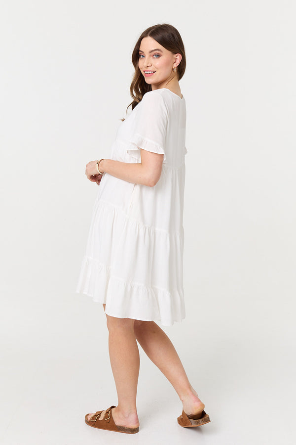 White | Short Sleeve Frilled Short Smock Dress
