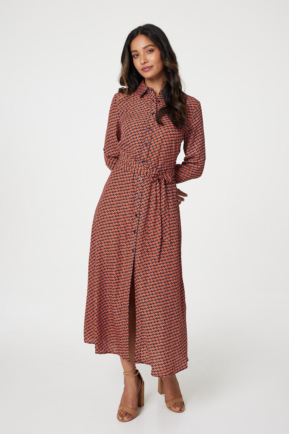Orange | Printed Tie Waist Shirt Dress