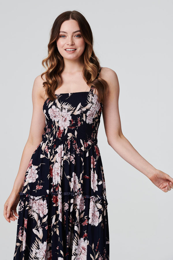 Navy | Floral Cami Strap Smock Dress