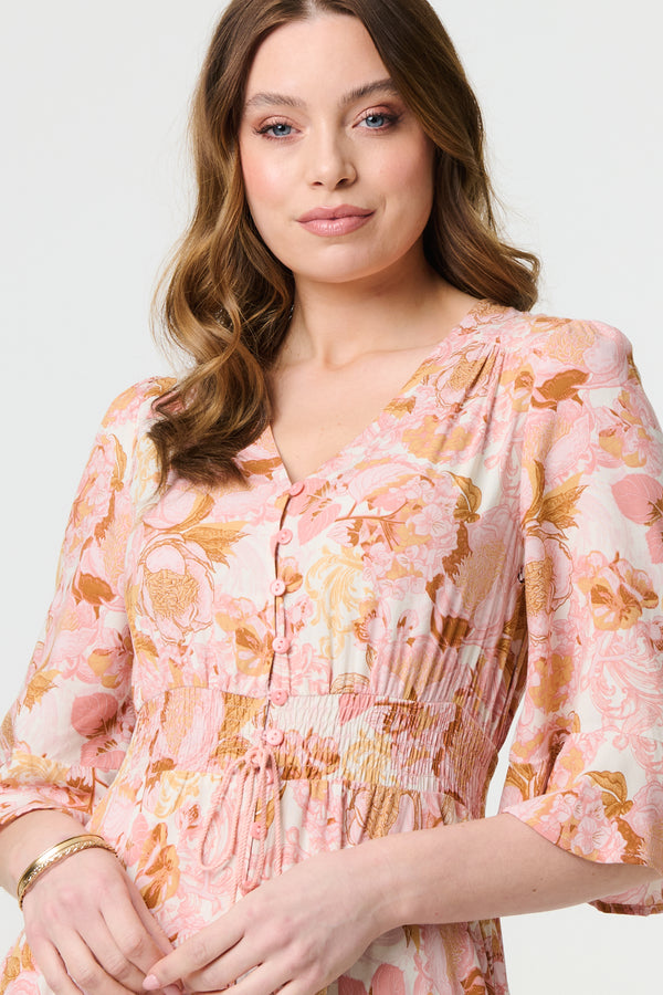 Pink | Floral 3/4 Flare Sleeve Smock Maxi Dress
