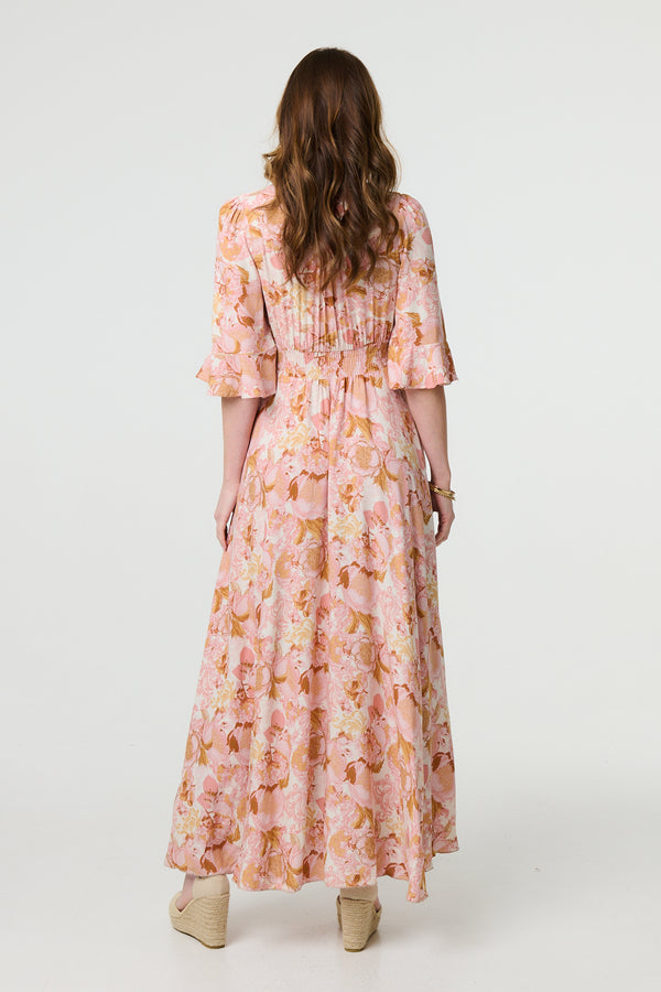 Pink | Floral 3/4 Flare Sleeve Smock Maxi Dress