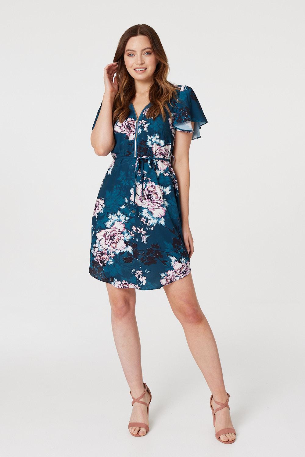 Green | Floral Zip Detail Mini Dress