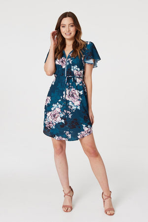 Green | Floral Zip Detail Mini Dress