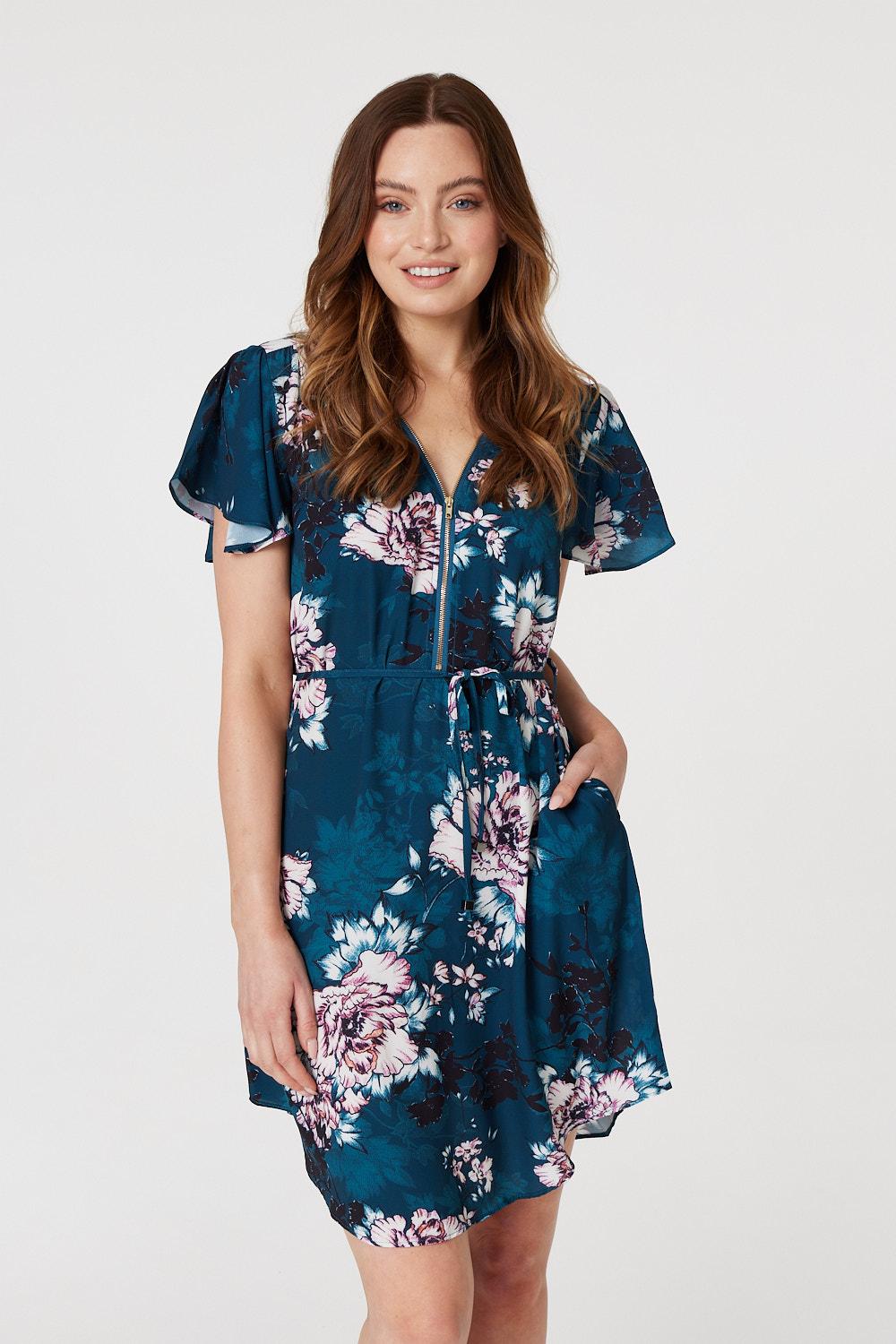 Green | Floral Zip Detail Mini Dress