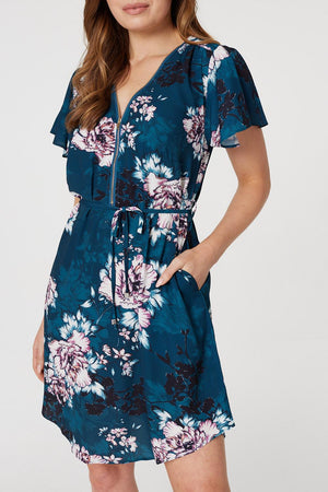 Green | Floral Zip Detail Mini Dress