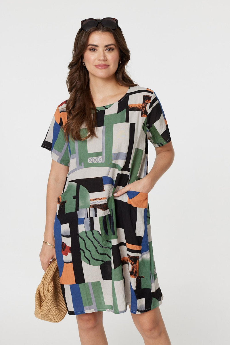 Printed Pocket Short Sleeve Shift Dress Izabel London
