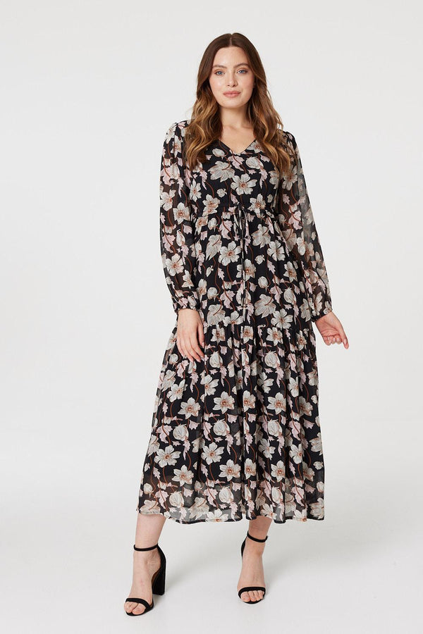 Black | Floral Drawstring Waist Midi Dress