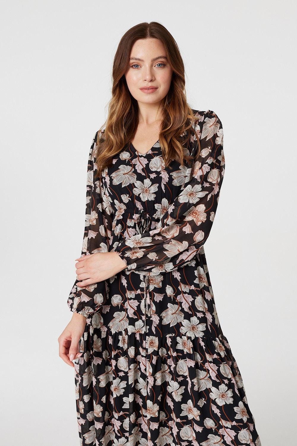 Floral Drawstring Waist Midi Dress | Izabel London