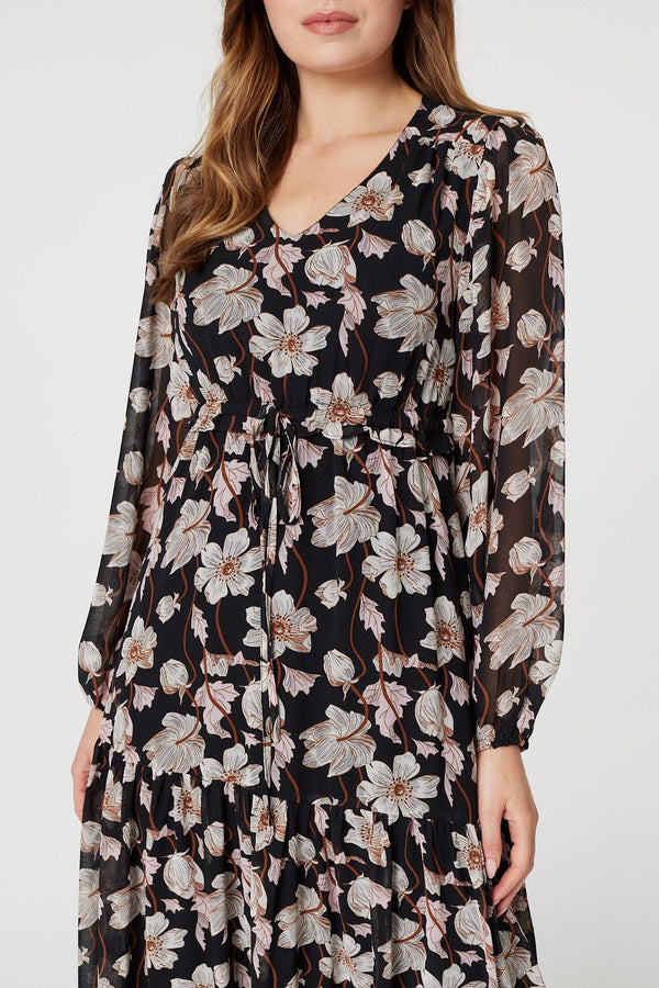 Black | Floral Drawstring Waist Midi Dress