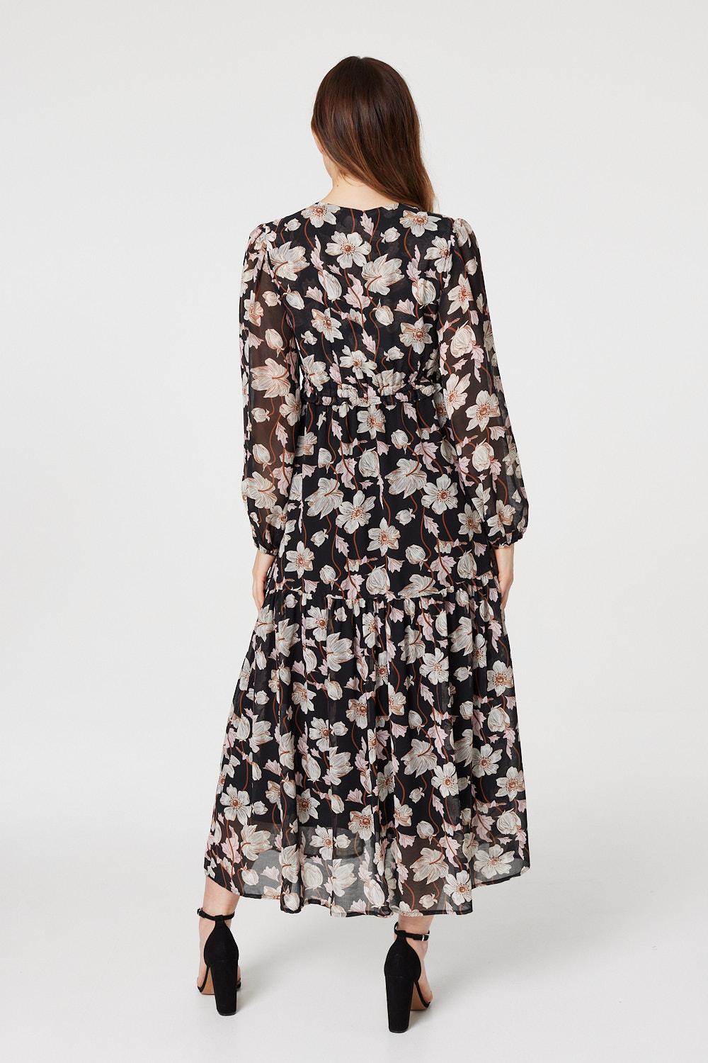 Black | Floral Drawstring Waist Midi Dress