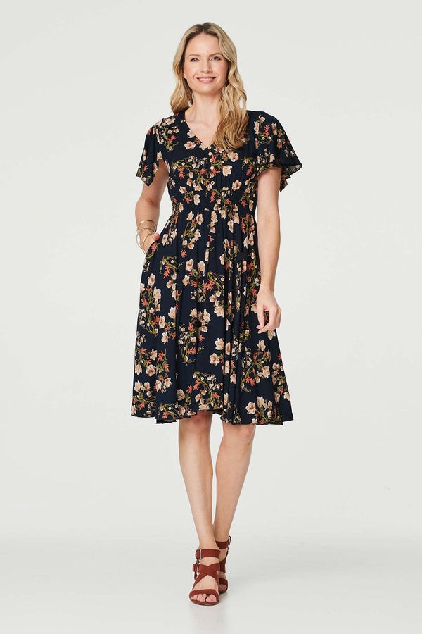 Navy | Floral Angel Sleeve Short Dress