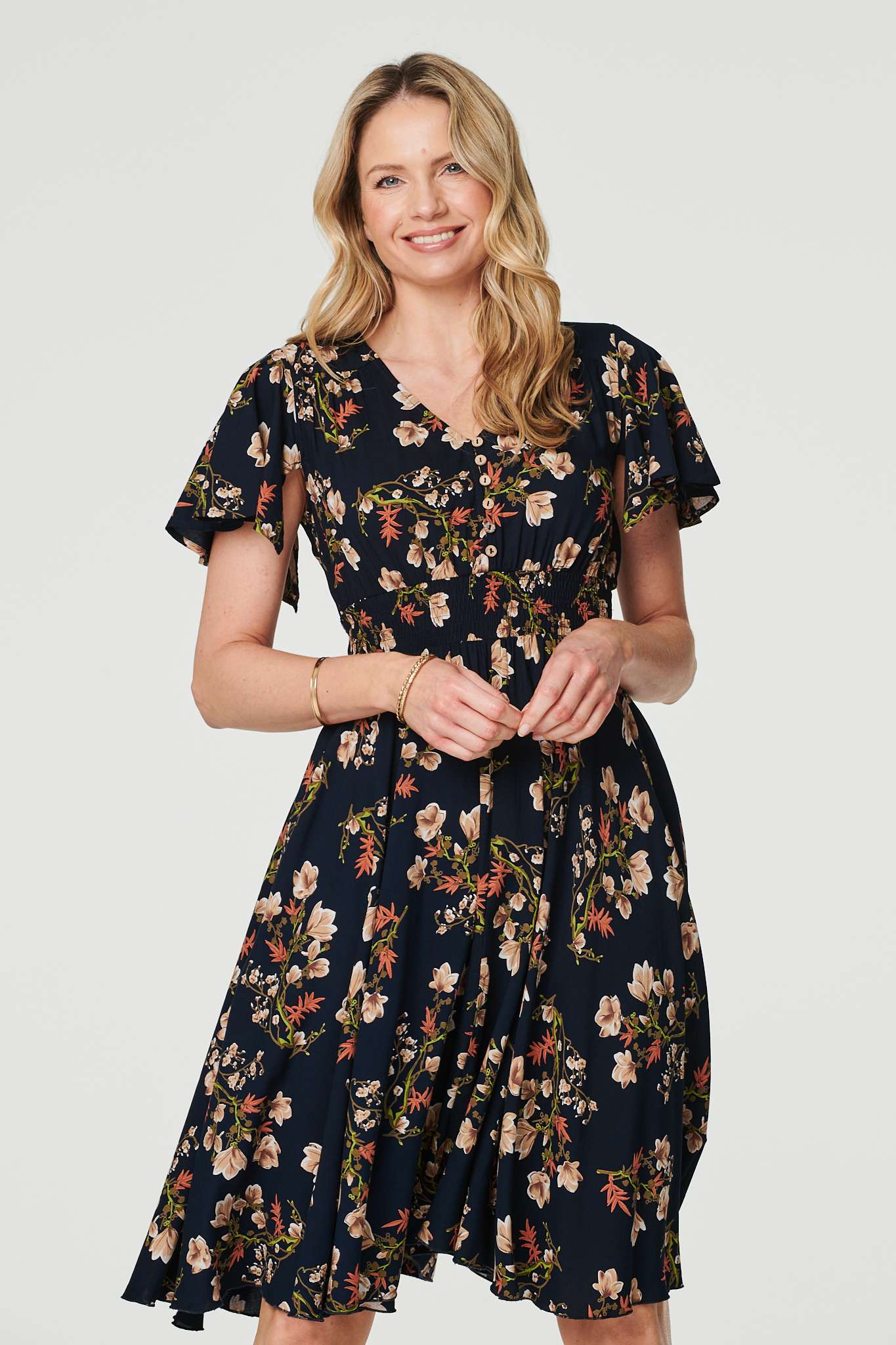 Navy | Floral Angel Sleeve Short Dress