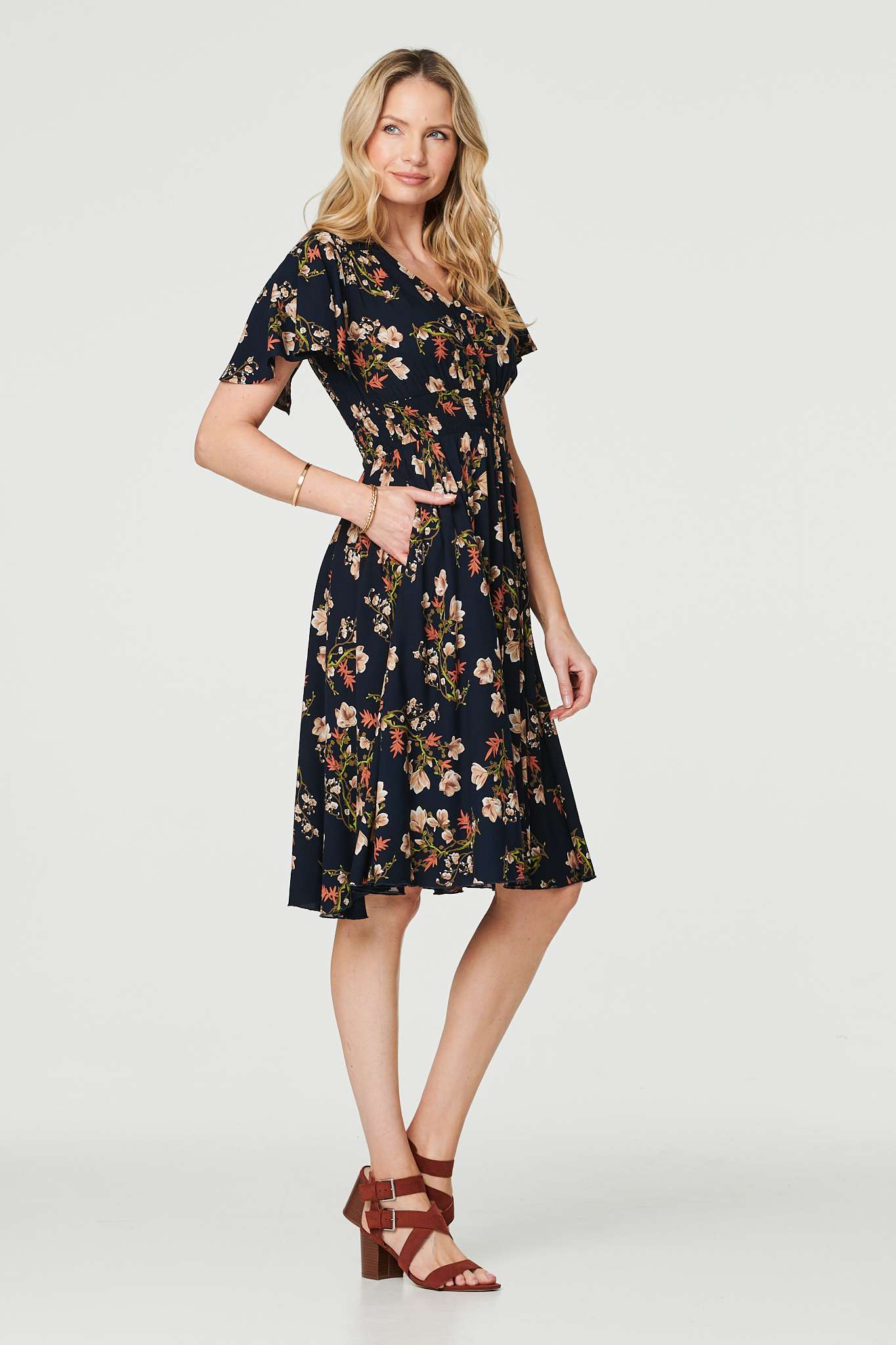 Navy | Floral Angel Sleeve Short Dress