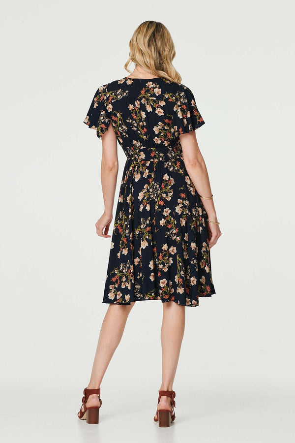 Navy | Floral Angel Sleeve Short Dress