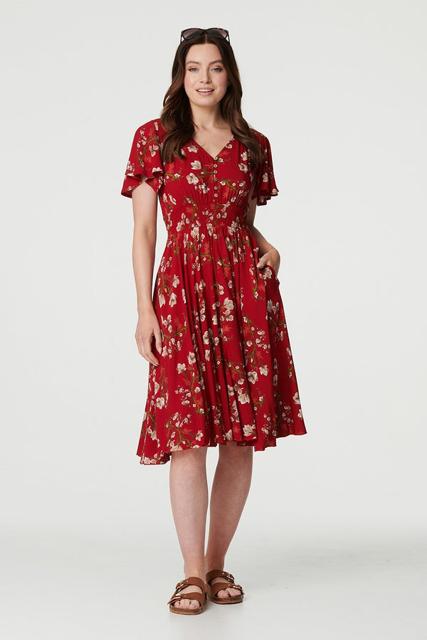 Red | Floral Angel Sleeve Short Dress