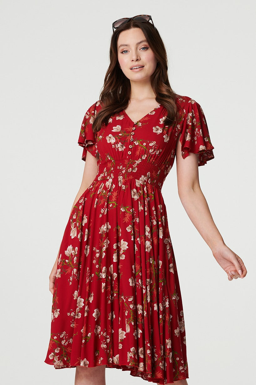 Red | Floral Angel Sleeve Short Dress