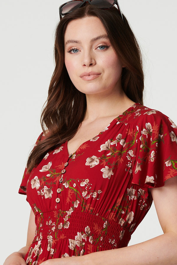 Red | Floral Angel Sleeve Short Dress